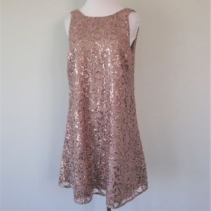 Badgley Mischka Rose Gold Sequin Cocktail Midi Dress
